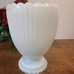 Vintage Napco Milk Glass Planter or Vase Fluted Pedestal Base Scalloped Rim USA